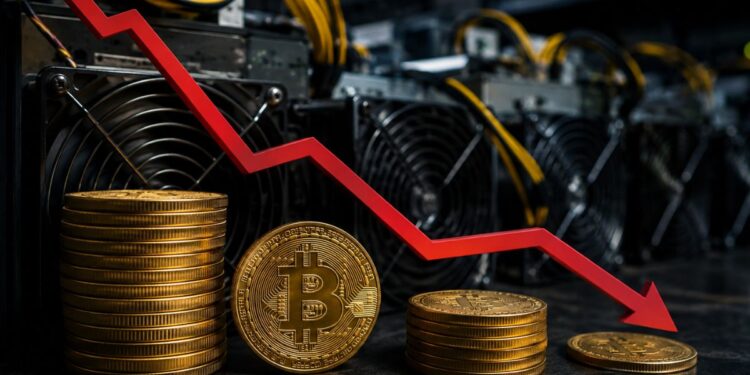 Una línea roja que cae en forma de zig-zag sobre las pilas de Bitcoin.