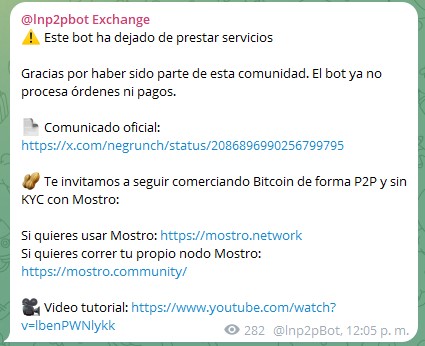 Captura de pantalla del mensaje de cierre de lnp2pbot.