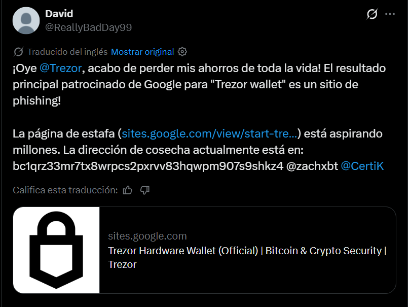 Post en X donde el afectado señala lo ocurrido con Trezor.