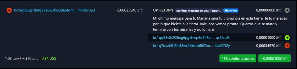 Captura de pantalla de uno de los mensajes enviados al hacker de Coldcard.