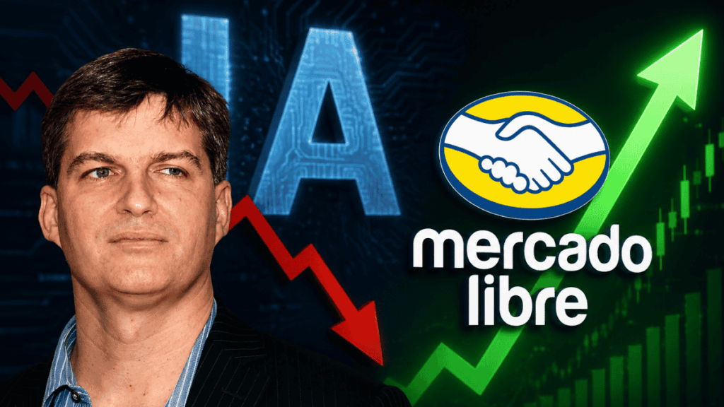 Michael Burry. "IA" con una flecha roja hacia abajo. Logo de mercadolibre con flecha verde hacia arriba.