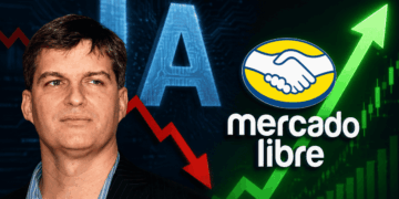 Michael Burry. "IA" con una flecha roja hacia abajo. Logo de mercadolibre con flecha verde hacia arriba.