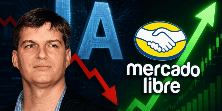Michael Burry. "IA" con una flecha roja hacia abajo. Logo de mercadolibre con flecha verde hacia arriba.
