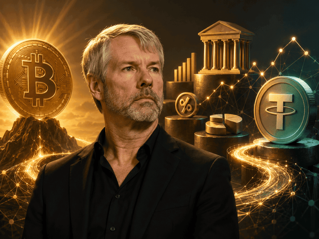 Imagen de Michael Saylor con una moneda de bitcoin y USDT