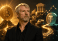 Imagen de Michael Saylor con una moneda de bitcoin y USDT