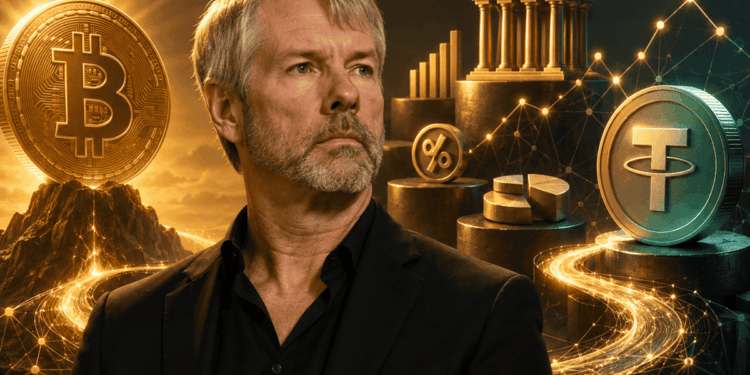 Imagen de Michael Saylor con una moneda de bitcoin y USDT