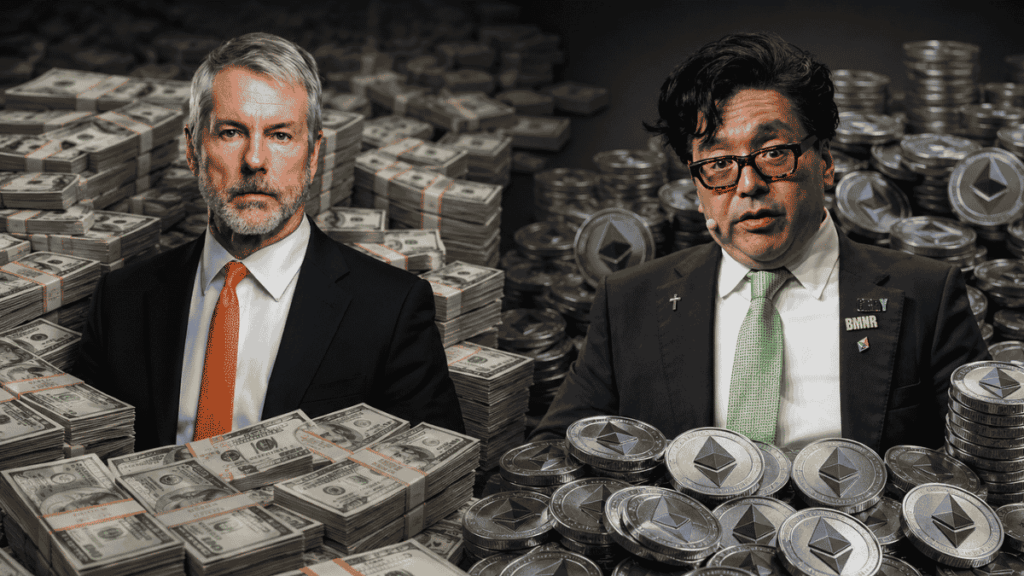 Michael Saylor rodeado de billetes de dólares. Tom Lee rodeado de monedas de ether.