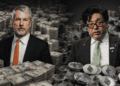 Michael Saylor rodeado de billetes de dólares. Tom Lee rodeado de monedas de ether.