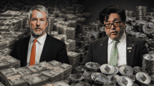 Michael Saylor rodeado de billetes de dólares. Tom Lee rodeado de monedas de ether.
