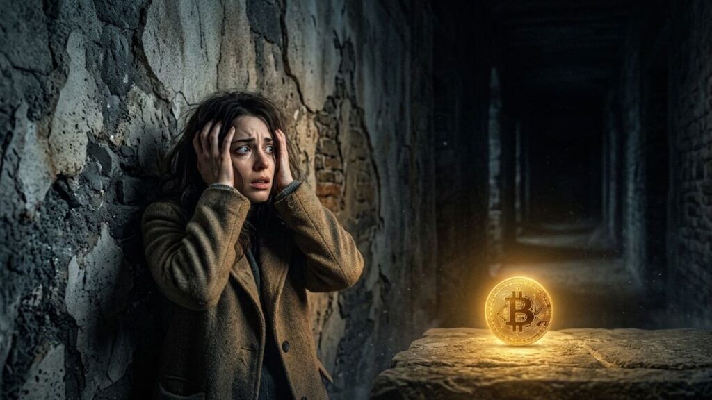 persona asustada con bitcoin brillante