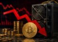 Monedas de Bitcoin y equipo de minería con flecha roja hacia abajo en gráfico de fondo.