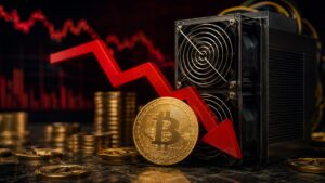 Monedas de Bitcoin y equipo de minería con flecha roja hacia abajo en gráfico de fondo.