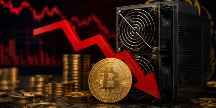 Monedas de Bitcoin y equipo de minería con flecha roja hacia abajo en gráfico de fondo.