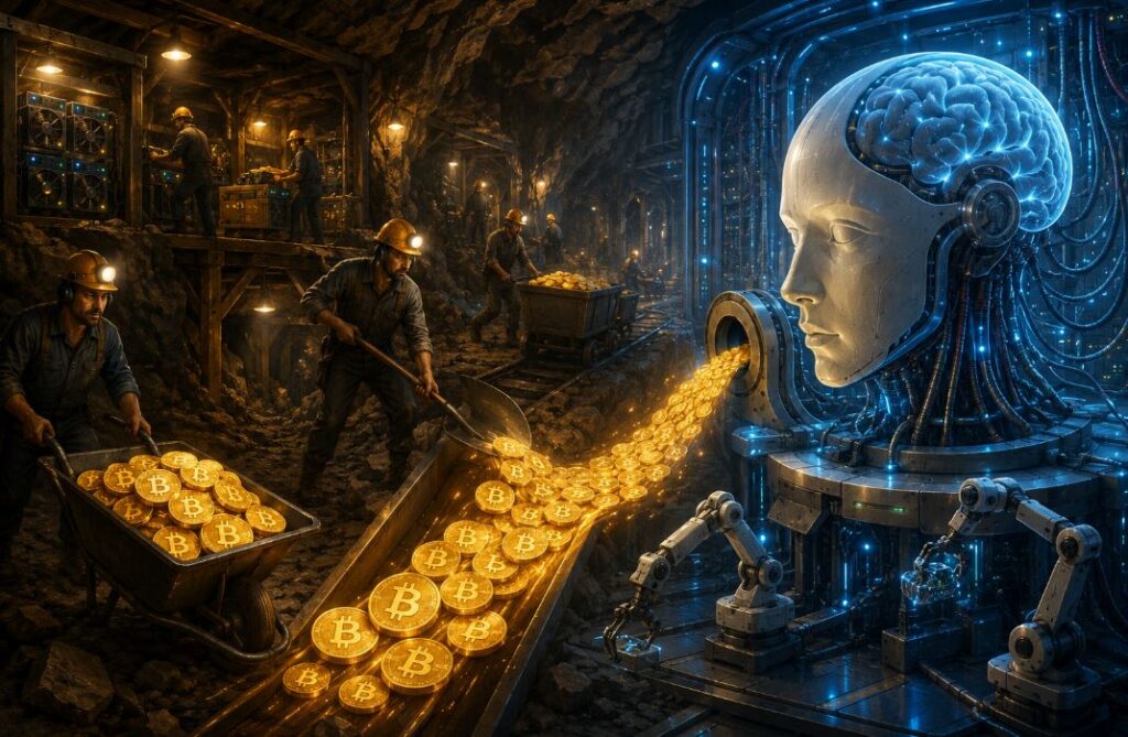 Mineros extrayendo monedas físicas de bitcoin junto a un robot de inteligencia artificial.