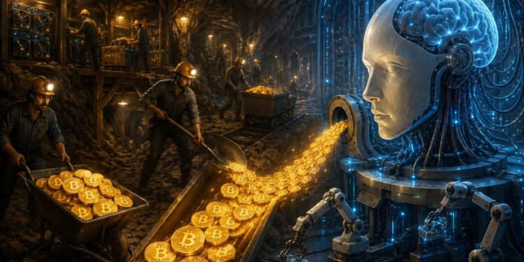Mineros extrayendo monedas físicas de bitcoin junto a un robot de inteligencia artificial.