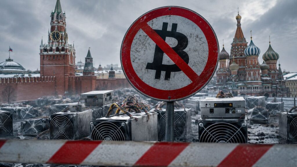 Señal de prohibición de Bitcoin frente al Kremlin en Moscú, rodeada de equipos de minería de criptomonedas dañados.