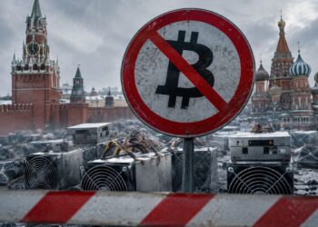 Señal de prohibición de Bitcoin frente al Kremlin en Moscú, rodeada de equipos de minería de criptomonedas dañados.