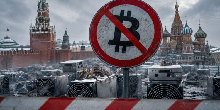 Señal de prohibición de Bitcoin frente al Kremlin en Moscú, rodeada de equipos de minería de criptomonedas dañados.