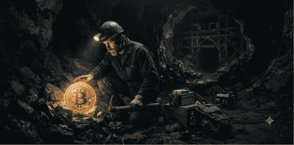 un minero encontrando un tesoro: BTC.