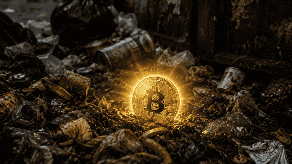 Una moneda de bitcoin brillando en medio de un basurero.