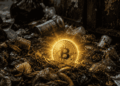 Una moneda de bitcoin brillando en medio de un basurero.