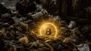 Una moneda de bitcoin brillando en medio de un basurero.