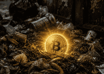 Una moneda de bitcoin brillando en medio de un basurero.