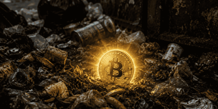 Una moneda de bitcoin brillando en medio de un basurero.