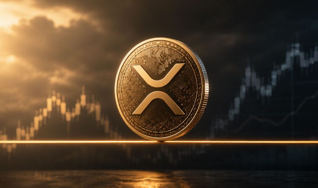 Una moneda dorada de XRP hace equilibrio sobre una soga dorada.