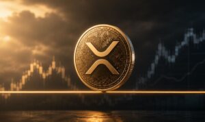 Una moneda dorada de XRP hace equilibrio sobre una soga dorada.