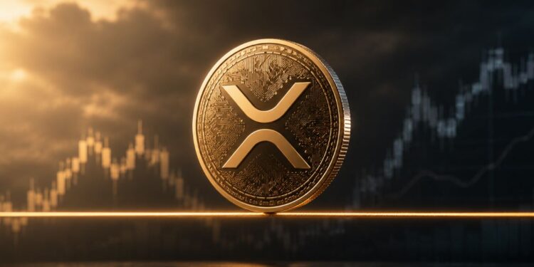 Una moneda dorada de XRP hace equilibrio sobre una soga dorada.