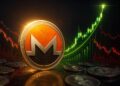 Una moneda física de monero rodeada de gráficos de precio .