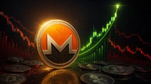 Una moneda física de monero rodeada de gráficos de precio .