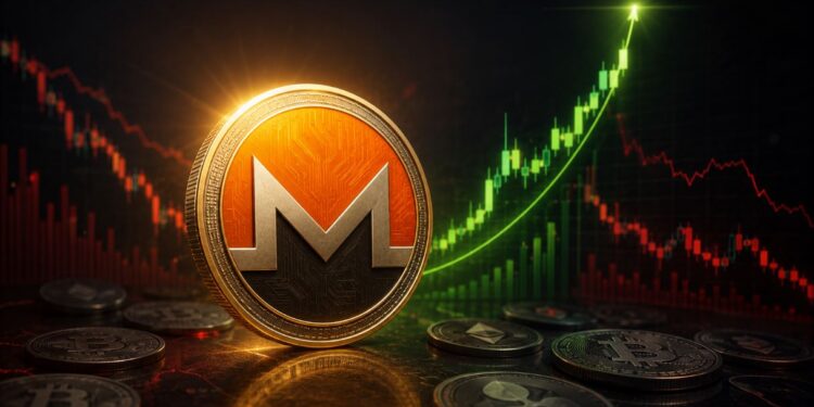 Una moneda física de monero rodeada de gráficos de precio .