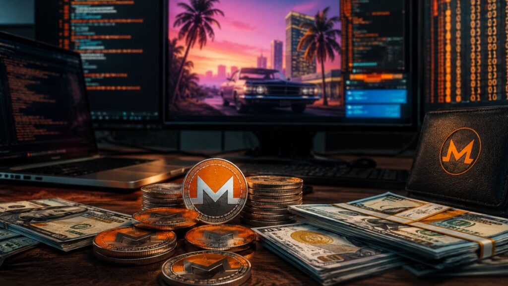 Monedas de Monero (XMR) y billetes de dólar sobre un escritorio junto a monitores con código de programación y una imagen estilo GTA.