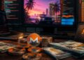 Monedas de Monero (XMR) y billetes de dólar sobre un escritorio junto a monitores con código de programación y una imagen estilo GTA.