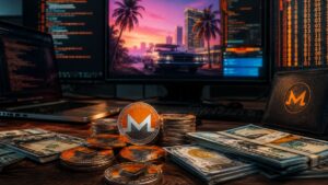 Monedas de Monero (XMR) y billetes de dólar sobre un escritorio junto a monitores con código de programación y una imagen estilo GTA.
