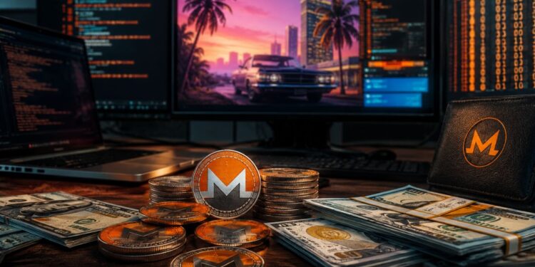 Monedas de Monero (XMR) y billetes de dólar sobre un escritorio junto a monitores con código de programación y una imagen estilo GTA.