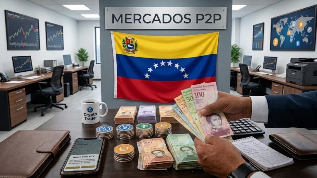 Brazos de hombre sosteniendo billetes venezolanos, con stablecoins sobre una mesa, con la bandera de Venezuela y la frase "Mercados P2P" en el fondo.