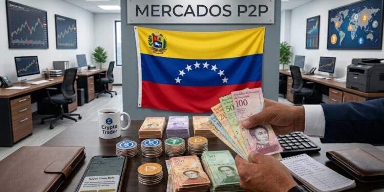 Brazos de hombre sosteniendo billetes venezolanos, con stablecoins sobre una mesa, con la bandera de Venezuela y la frase "Mercados P2P" en el fondo.