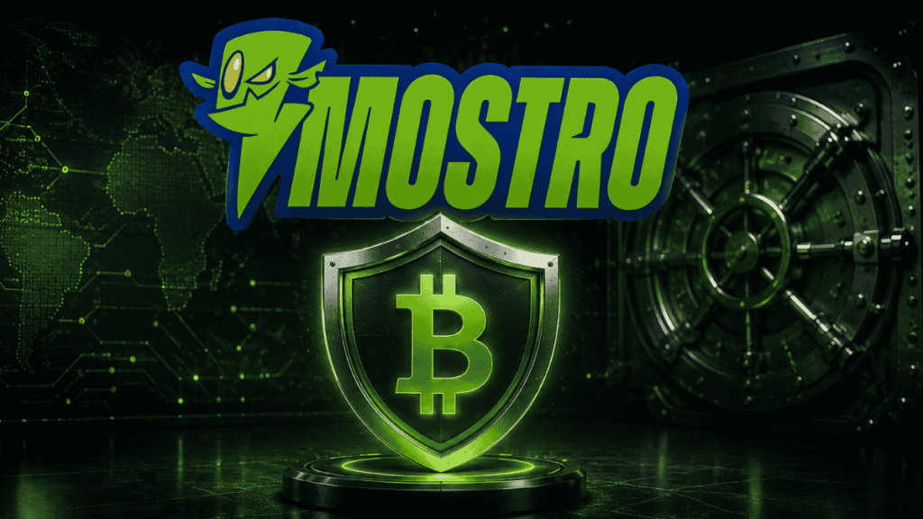 Logo de Mostro y un escudo con el logo de bitcoin.