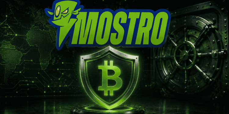 Logo de Mostro y un escudo con el logo de bitcoin.