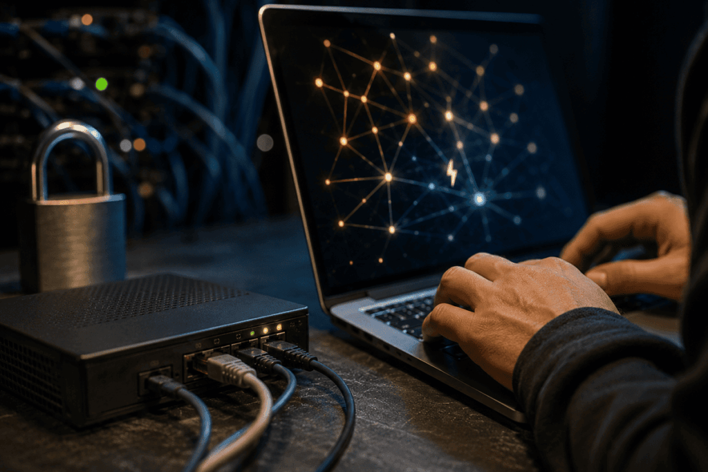 Persona frente a una computadora conectada a una red digital, con elementos de ciberseguridad y tecnología.