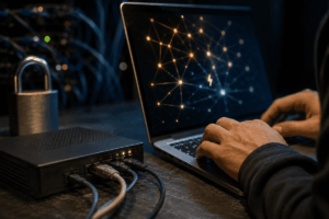 Persona frente a una computadora conectada a una red digital, con elementos de ciberseguridad y tecnología.