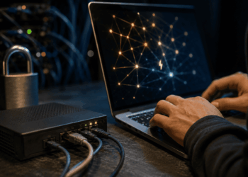 Persona frente a una computadora conectada a una red digital, con elementos de ciberseguridad y tecnología.