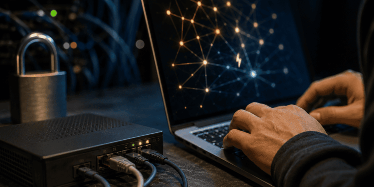Persona frente a una computadora conectada a una red digital, con elementos de ciberseguridad y tecnología.