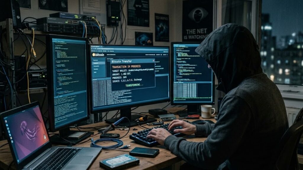 Un hacker en una computadora robando bitcoin.