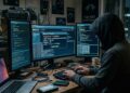 Un hacker en una computadora robando bitcoin.