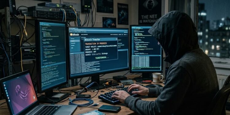 Un hacker en una computadora robando bitcoin.
