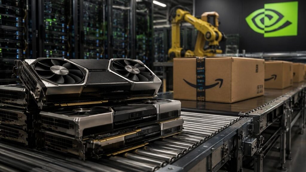 Tarjetas gráficas Nvidia GPU en cinta transportadora con cajas de envío de Amazon.